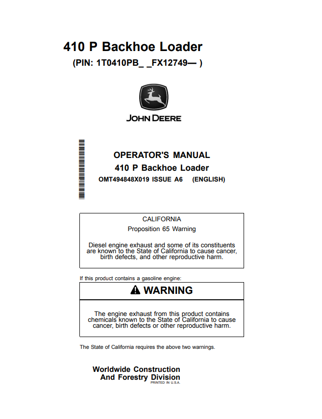 JOHN DEERE 410 P BACKHOE LOADER OPERATOR MANUAL OMT494848X019