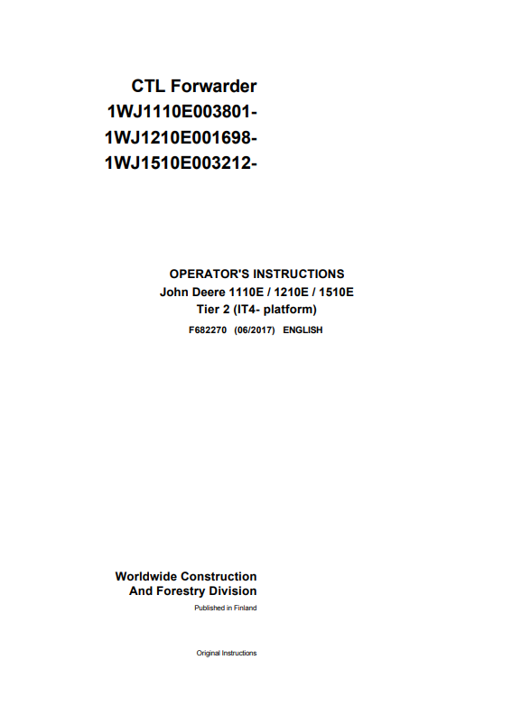 JOHN DEERE 1110E / 1210E / 1510E TIER 2 (IT4- PLATFORM) OPERATOR MANUAL F682270