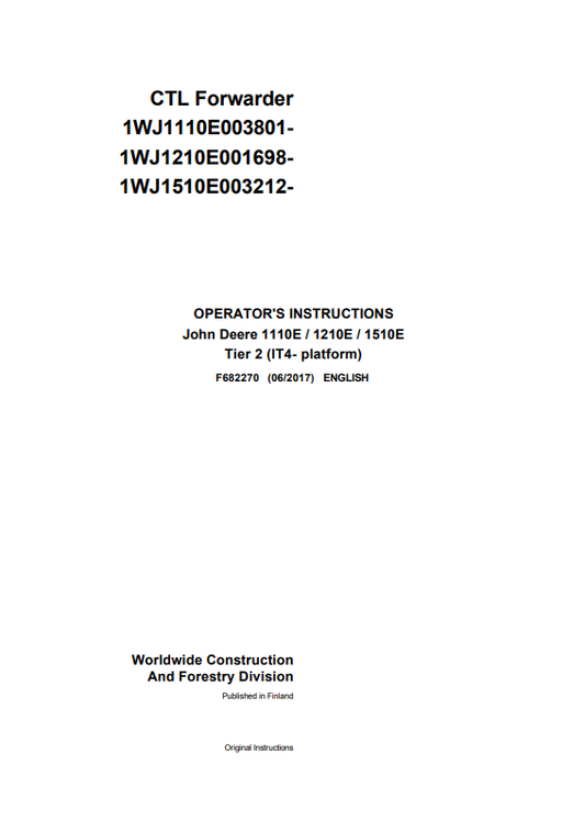 JOHN DEERE 1110E / 1210E / 1510E TIER 2 (IT4- PLATFORM) OPERATOR MANUAL F682270
