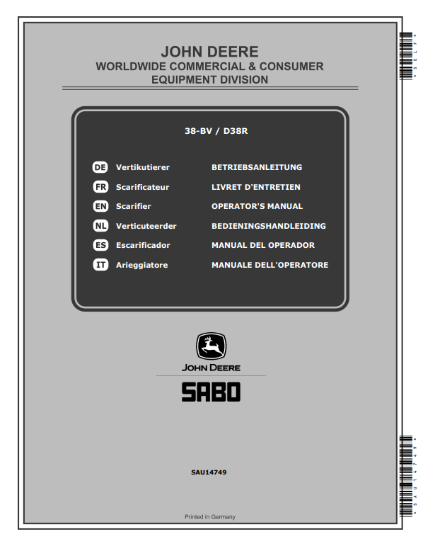 JOHN DEERE 38-BV (SA1424), D38R (SA1476) SCARIFIERS OPERATOR MANUAL SAU14749