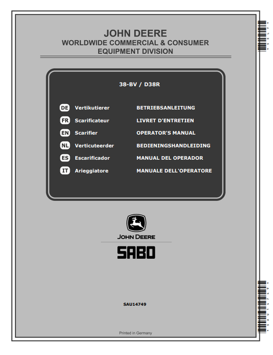 JOHN DEERE 38-BV (SA1424), D38R (SA1476) SCARIFIERS OPERATOR MANUAL SAU14749