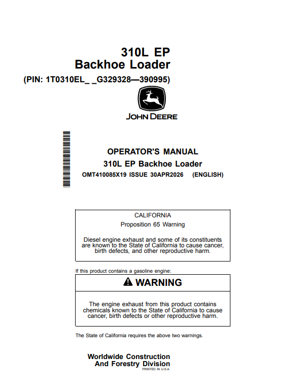 JOHN DEERE 310L EP BACKHOE LOADER OPERATOR MANUAL OMT410085X19
