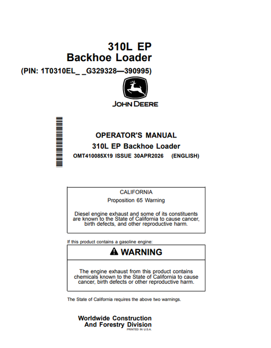 JOHN DEERE 310L EP BACKHOE LOADER OPERATOR MANUAL OMT410085X19