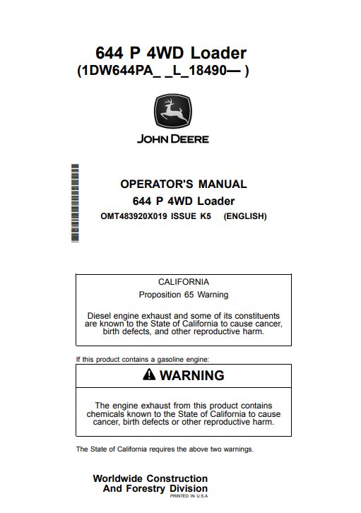 JOHN DEERE 644 P 4WD LOADER OPERATOR MANUAL OMT483920X019