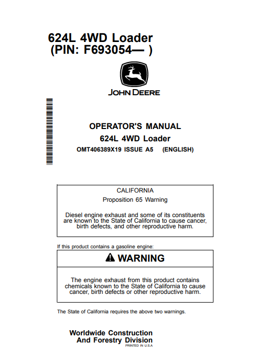 JOHN DEERE 624L 4WD LOADER OPERATOR MANUAL OMT406389X19