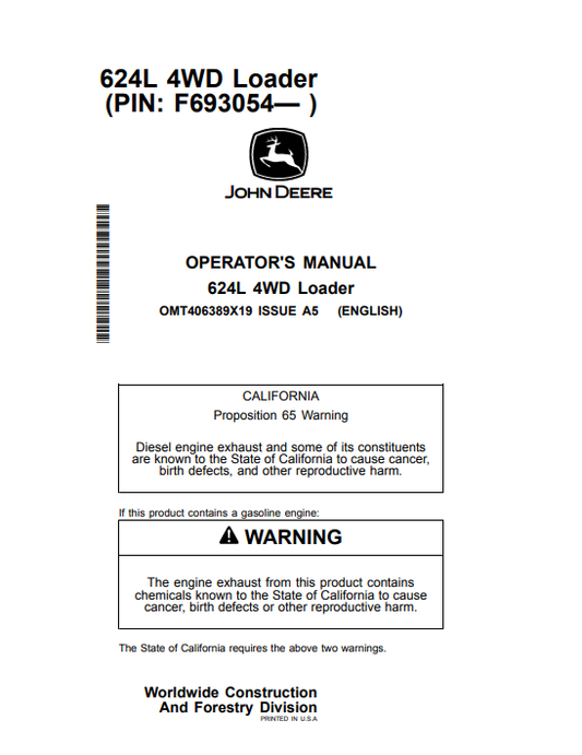 JOHN DEERE 624L 4WD LOADER OPERATOR MANUAL OMT406389X19