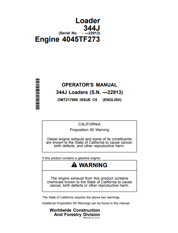 JOHN DEERE 344J LOADER OPERATOR MANUAL OMT217890