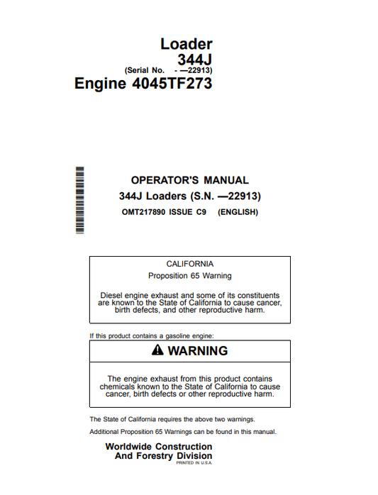 JOHN DEERE 344J LOADER OPERATOR MANUAL OMT217890