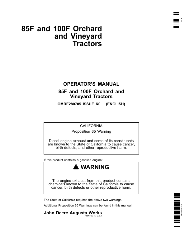 JOHN DEERE 85F, 100F ORCHAD AND VINEYARD TRACTOR OPERATOR MANUAL OMRE280705