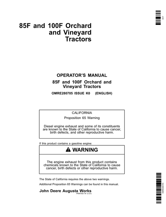 JOHN DEERE 85F, 100F ORCHAD AND VINEYARD TRACTOR OPERATOR MANUAL OMRE280705