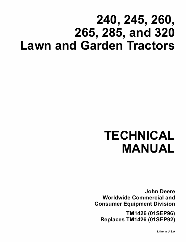 JOHN DEERE 240, 245, 260, 265, 285, 320 LAWN TRACTOR TECHNICAL MANUAL TM1426