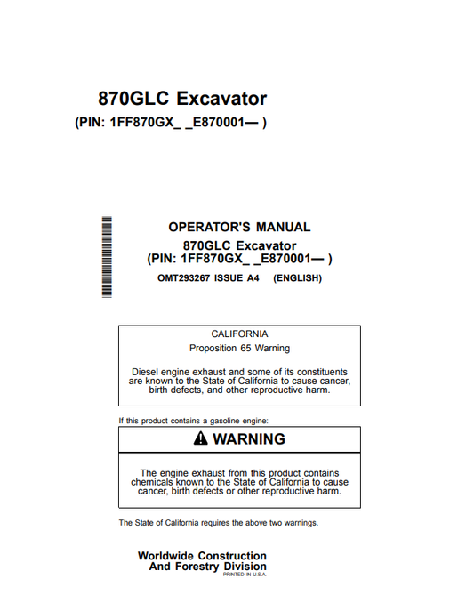 JOHN DEERE 870GLC EXCAVATOR OPERATOR MANUAL OMT293267