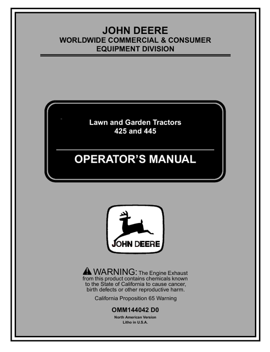 JOHN DEERE 425, 445 LAWN AND GARDEN TRACTOR OPERATOR MANUAL OMM144042