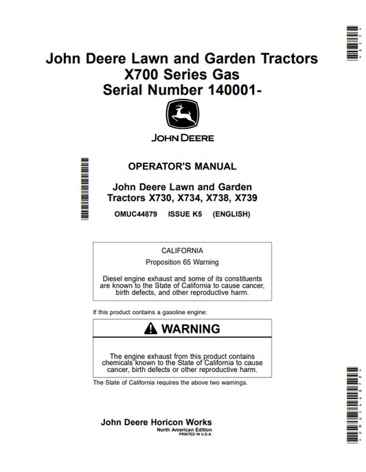 JOHN DEERE X730, X734, X738, X739 LAWN AND GARDEN TRACTOR X700 SERIES GAS OPERATOR MANUAL OMUC44879