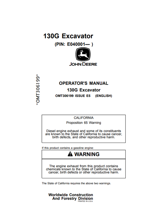 JOHN DEERE 130G EXCAVATOR OPERATOR MANUAL OMT306199