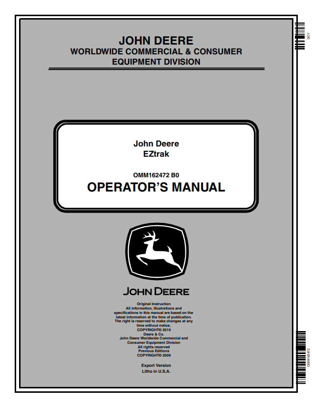 JOHN DEERE Z425 EZTRAK OPERATOR MANUAL OMM162472