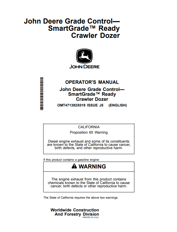 JOHN DEERE 450 P, 550 P, 650 P, 700 P, 750 P, 850 P, 850 X CRAWLER DOZER OPERATOR MANUAL OMT471392X019