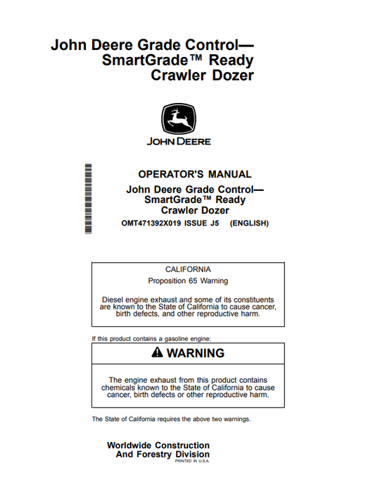 JOHN DEERE 450 P, 550 P, 650 P, 700 P, 750 P, 850 P, 850 X CRAWLER DOZER OPERATOR MANUAL OMT471392X019