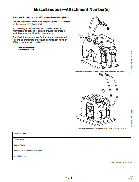 JOHN DEERE PC4, PC7, AND PC10 PLATE COMPACTOR OPERATOR MANUAL OMT405711X19