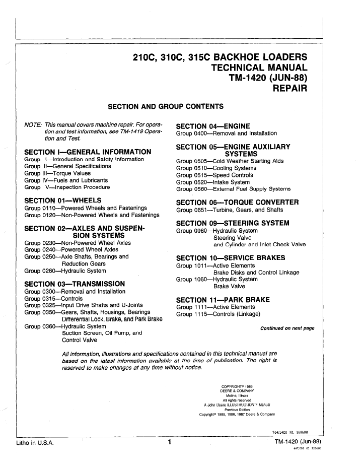 TM1420 - JOHN DEERE 210C, 310C, 315C BACKHOE LOADER REPAIR TECHNICAL MANUAL