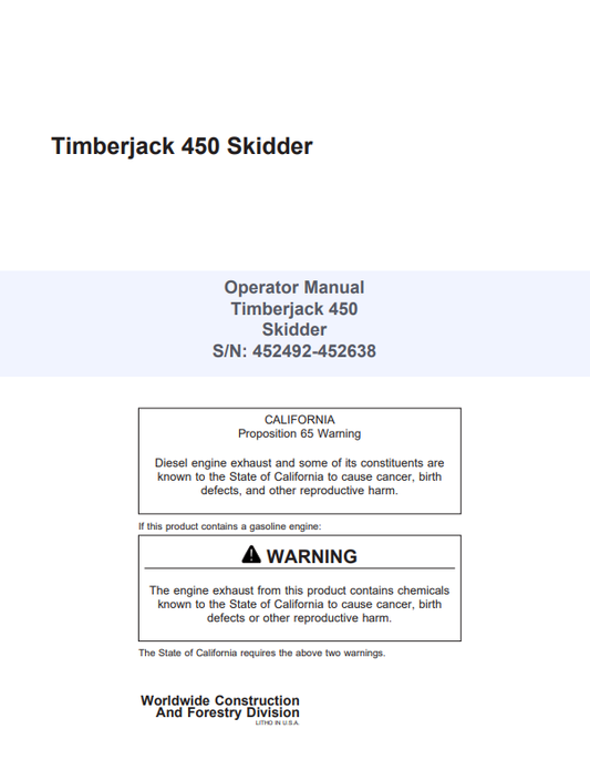 JOHN DEERE TIMBERJACK 450 SKIDDER OPERATOR MANUAL 8044710