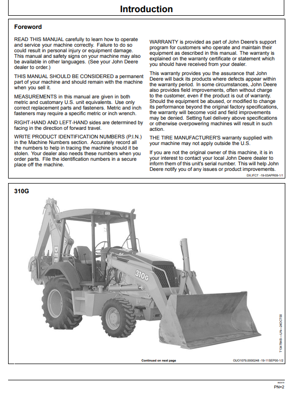JOHN DEERE 310G BACKHOE LOADER OPERATOR MANUAL OMT166698