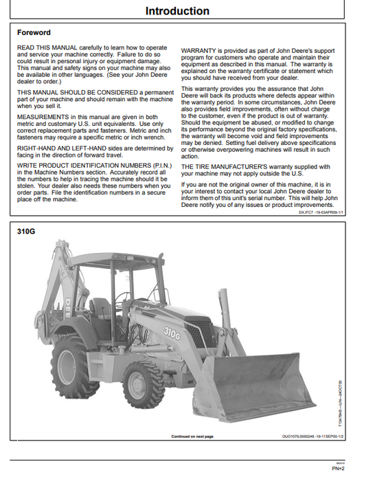 JOHN DEERE 310G BACKHOE LOADER OPERATOR MANUAL OMT166698