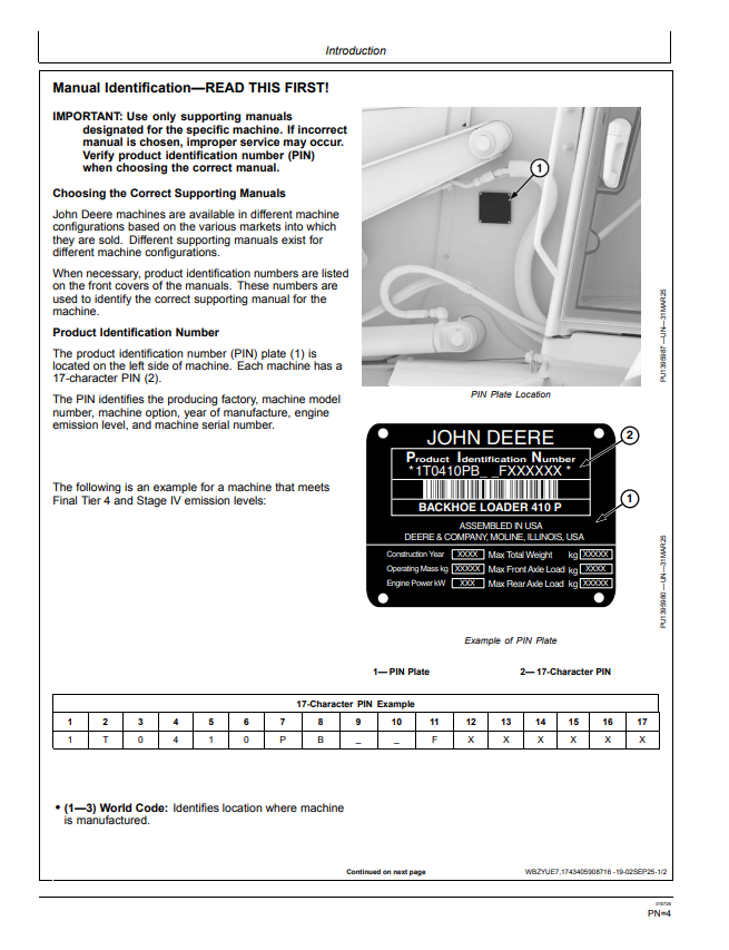 JOHN DEERE 410 P BACKHOE LOADER OPERATOR MANUAL OMT494848X019