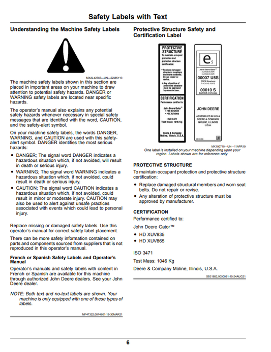 JOHN DEERE XUV835E, XUV835M, XUV835R GATOR™ UTILITY VEHICLES OPERATOR MANUAL OMUC29853