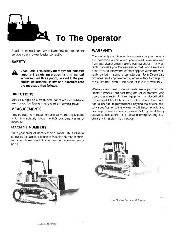 JOHN DEERE 750 CRAWLER BULLDOZER AND LOW GROUND PRESSURE BULLDOZER OPERATOR MANUAL OMT76786