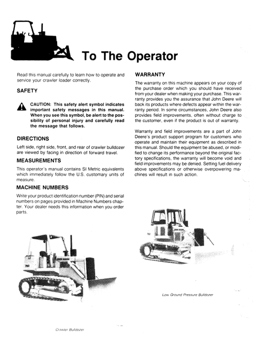 JOHN DEERE 750 CRAWLER BULLDOZER AND LOW GROUND PRESSURE BULLDOZER OPERATOR MANUAL OMT76786
