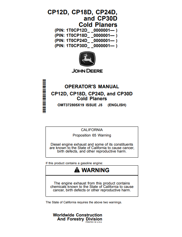 JOHN DEERE CP12D, CP18D, CP24D, AND CP30D COLD PLANER OPERATOR MANUAL OMT372805X19