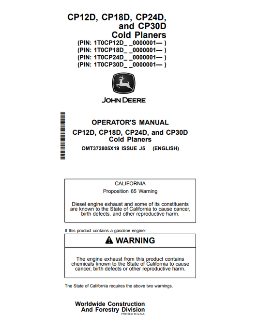 JOHN DEERE CP12D, CP18D, CP24D, AND CP30D COLD PLANER OPERATOR MANUAL OMT372805X19
