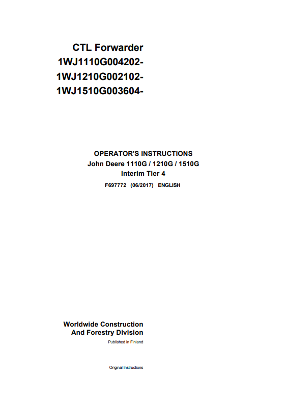 JOHN DEERE 1110G / 1210G / 1510G INTERIM TIER 4 OPERATOR MANUAL F697772