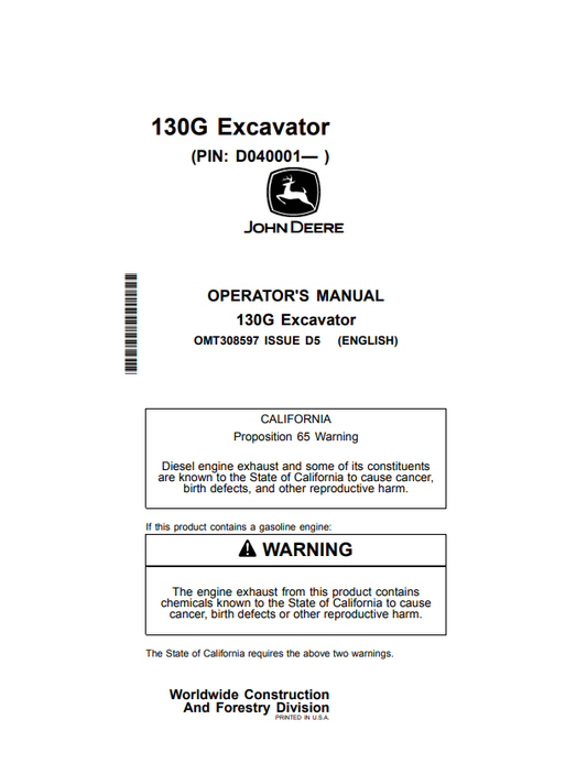 JOHN DEERE 130G EXCAVATOR OPERATOR MANUAL OMT308597