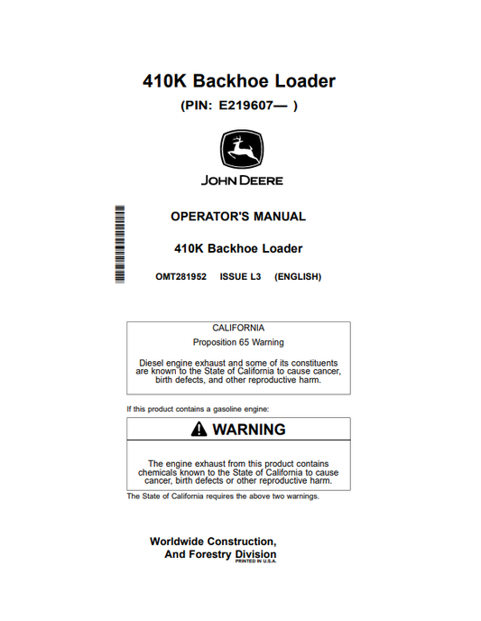 JOHN DEERE 410K BACKHOE LOADER OPERATOR MANUAL OMT281952