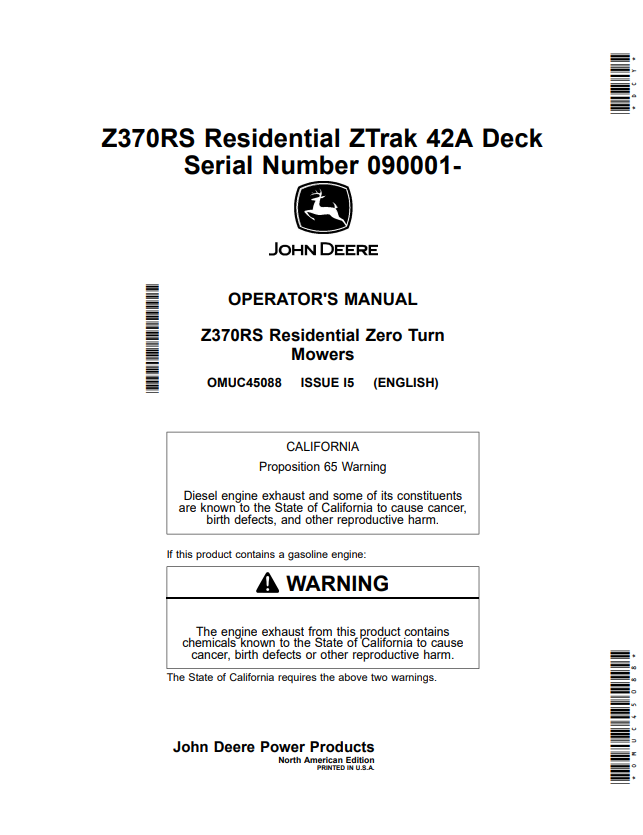 JOHN DEERE Z370RS RESIDENTIAL ZTRAK 42A DECK ZERO TURN MOWER OPERATOR MANUAL OMUC45088