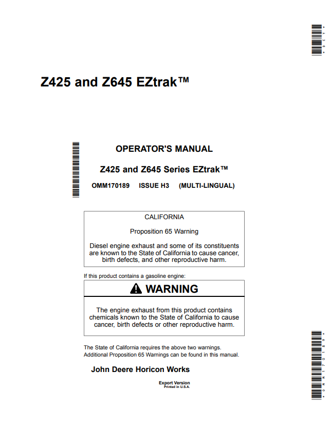 JOHN DEERE Z425 AND Z645 SERIES EZTRAK™ OPERATOR MANUAL OMM170189