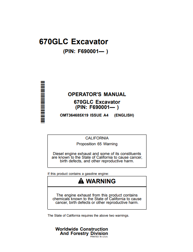 JOHN DEERE 670GLC EXCAVATOR OPERATOR MANUAL OMT364685X19