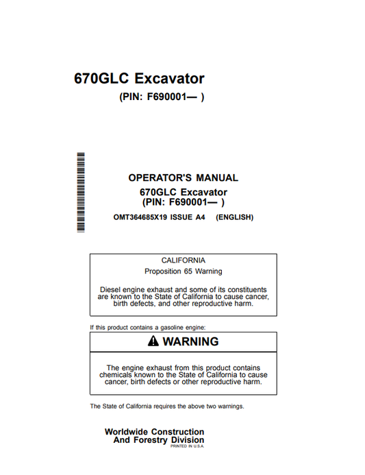 JOHN DEERE 670GLC EXCAVATOR OPERATOR MANUAL OMT364685X19