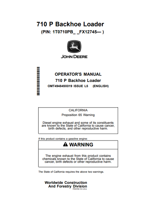JOHN DEERE 710 P BACKHOE LOADER OPERATOR MANUAL OMT494849X019
