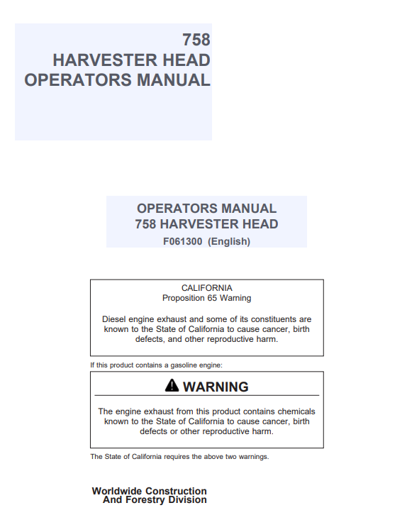 JOHN DEERE 758 HARVESTER HEAD OPERATOR MANUAL F061300