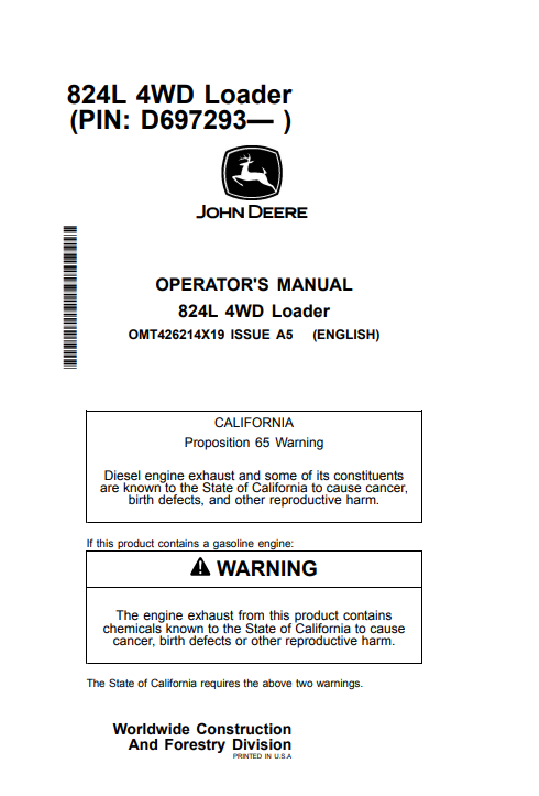 JOHN DEERE 824L 4WD LOADER OPERATOR MANUAL OMT426214X19