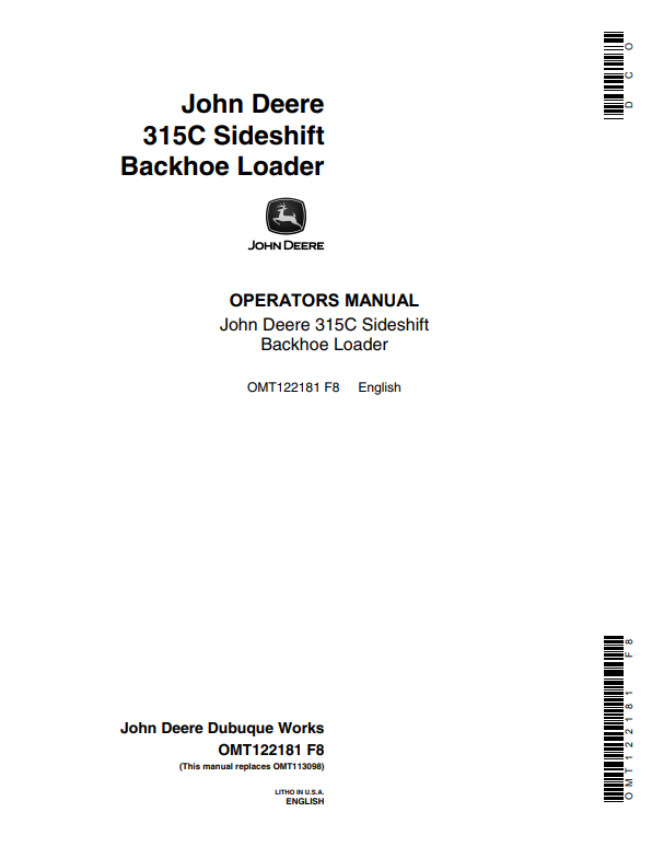 JOHN DEERE 315C SIDESHIFT BACKHOE LOADER OPERATOR MANUAL OMT122181
