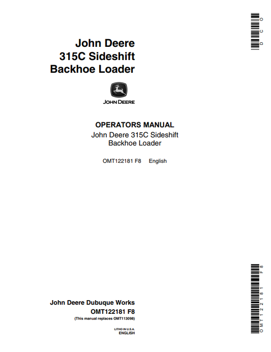 JOHN DEERE 315C SIDESHIFT BACKHOE LOADER OPERATOR MANUAL OMT122181