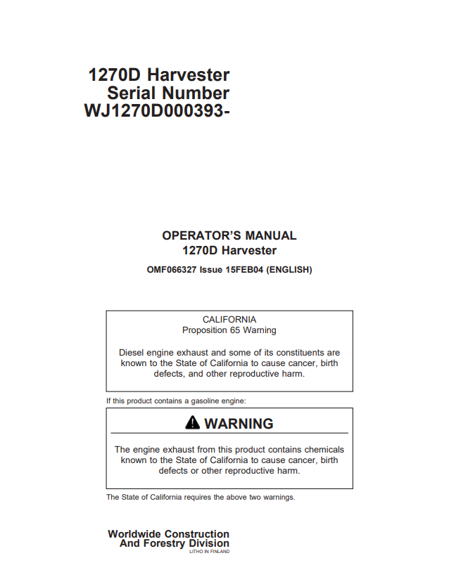 JOHN DEERE 1270D HARVESTER OPERATOR MANUAL OMF066327