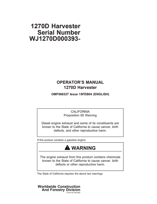 JOHN DEERE 1270D HARVESTER OPERATOR MANUAL OMF066327