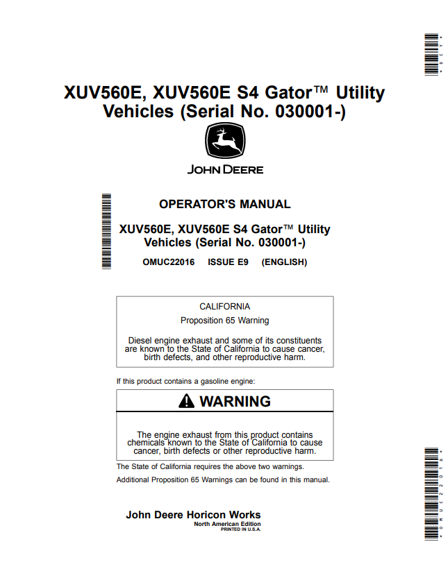 JOHN DEERE XUV560E, XUV560E S4 GATOR™ UTILITY VEHICLES OPERATOR MANUAL OMUC22016