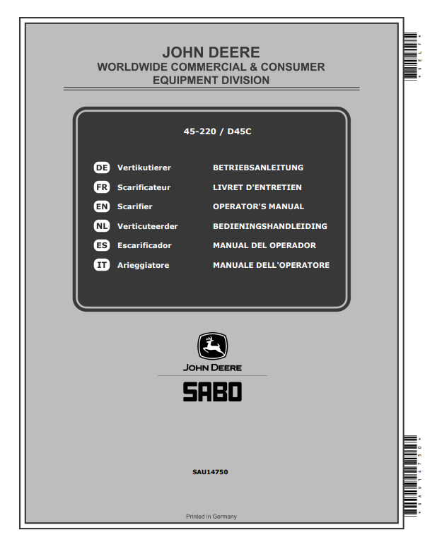 JOHN DEERE 45-220, D45C SCARIFIERS OPERATOR MANUAL SAU14750