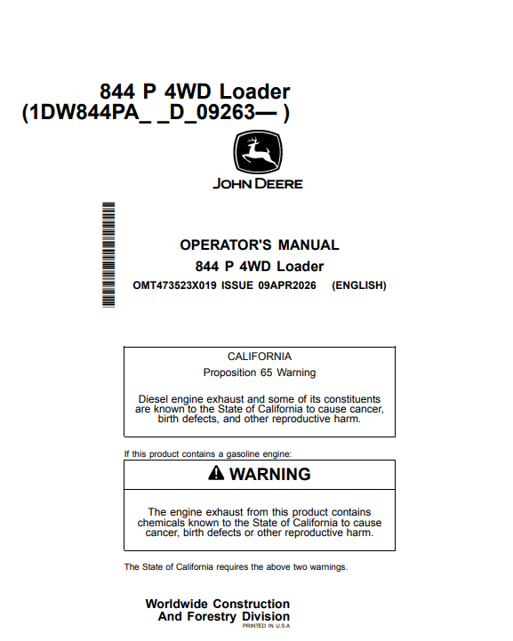 JOHN DEERE 844 P 4WD LOADER OPERATOR MANUAL OMT473523X019
